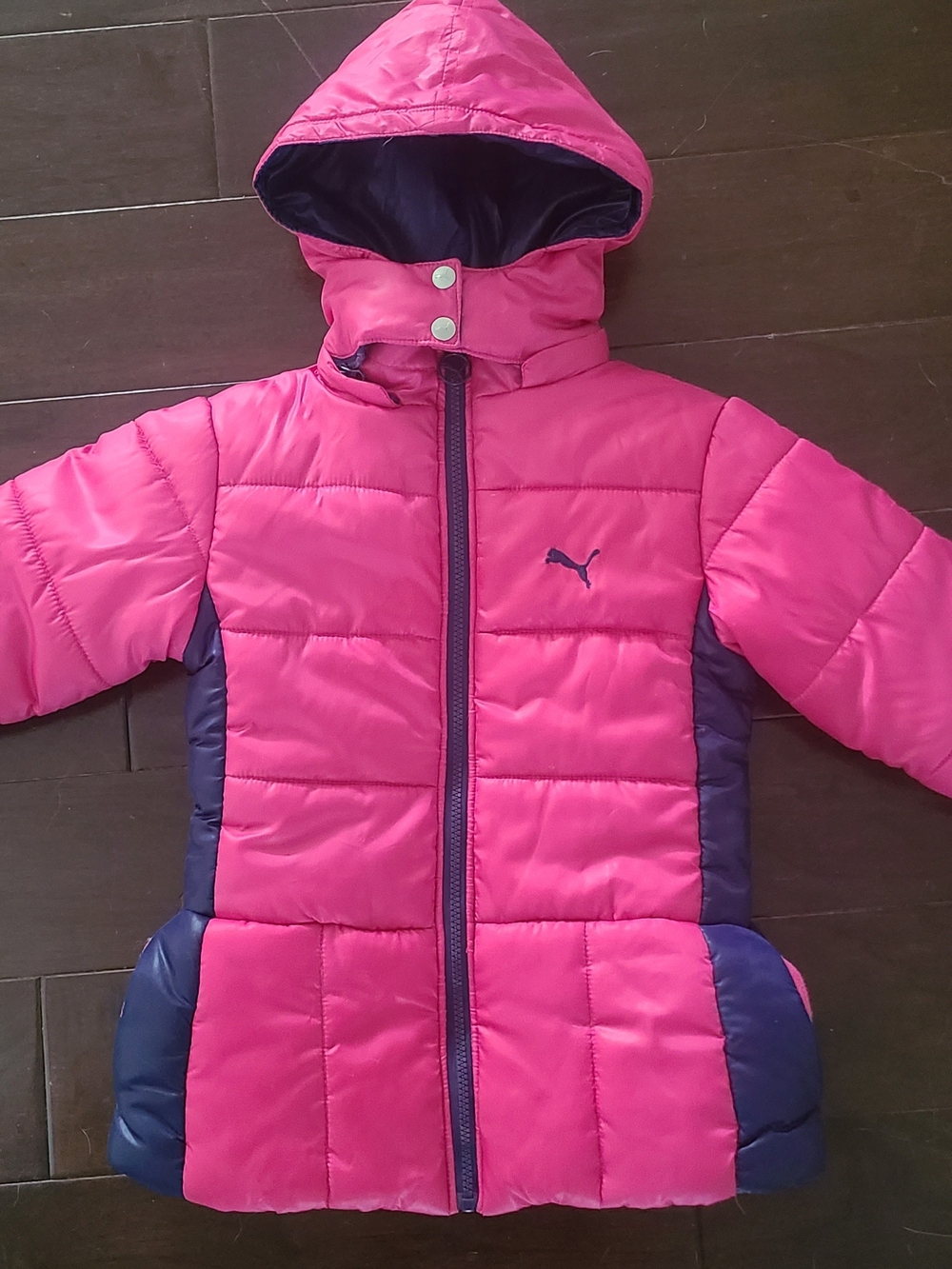 Puma Girls Pink Hooded Puffer Jacket with Navy Accents